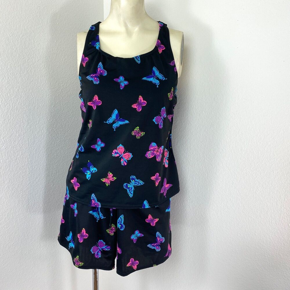 Blair Two-Piece Swimsuit Size 10 Black Colorful Butterflies Boy Shorts Tank Top